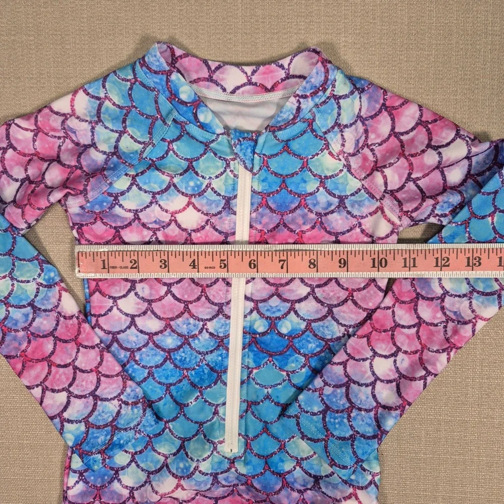Fashion Girls Mermaid Scale Long Sleeve One Piece Swimsuit Pink Blue Size 120